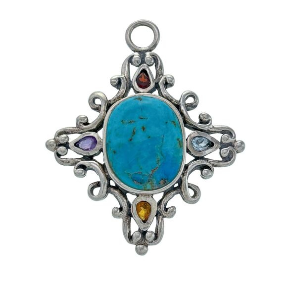 Vintage Thailand NK Sterling Silver 925 Turquoise Multi Gem Pendant - Picture 1 of 7